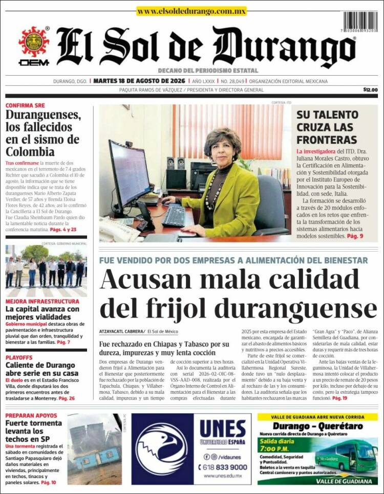 Portada de El Sol de Durango (México)