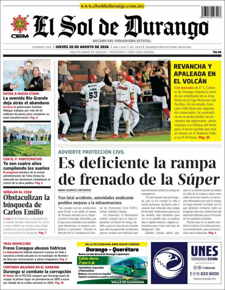 Portada de El Sol de Durango (México)