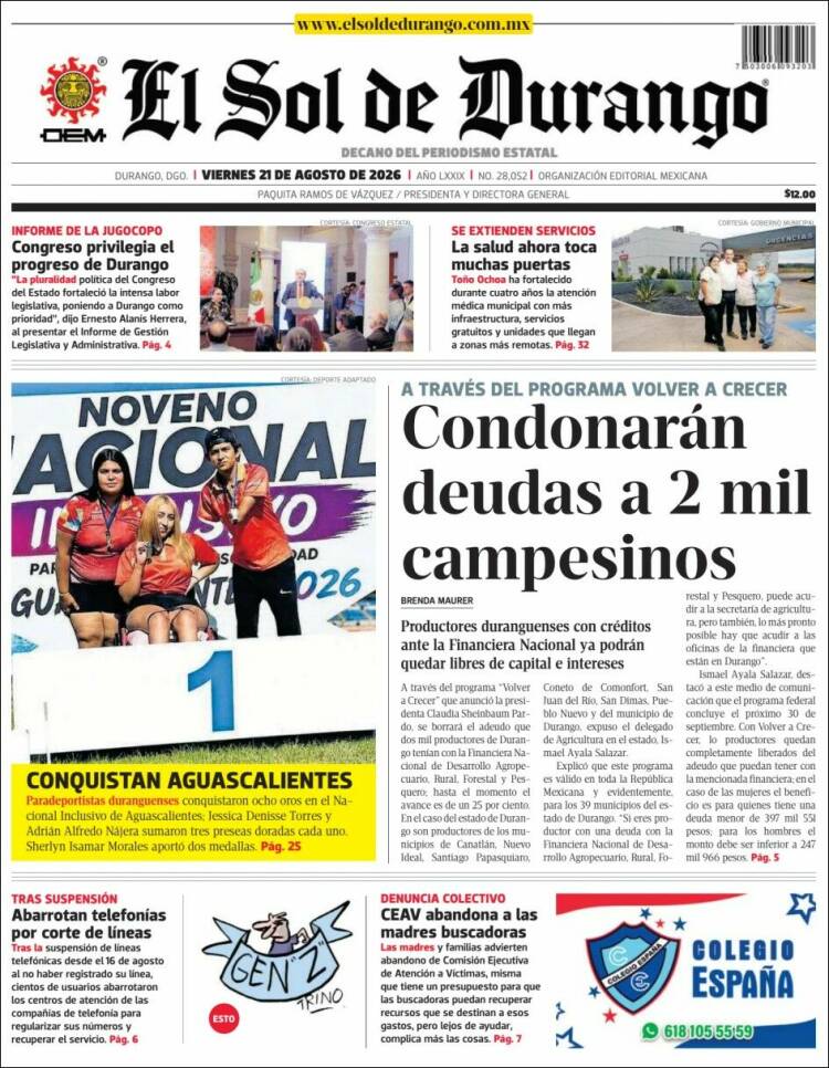 Portada de El Sol de Durango (México)
