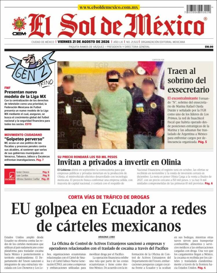 Portada de El Sol de México (México)