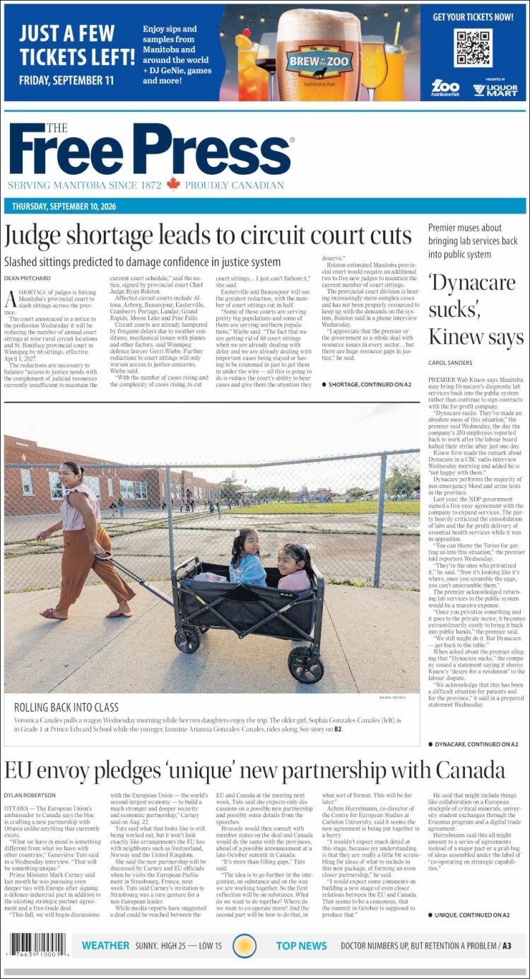 Portada de Winnipeg Free Press (Canada)