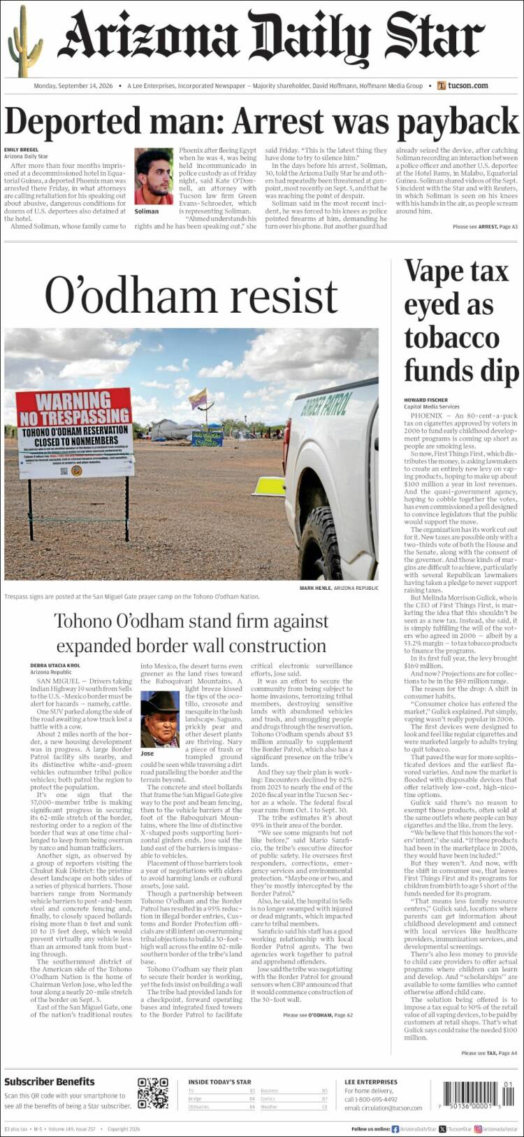 Portada de Arizona Daily Star (USA)