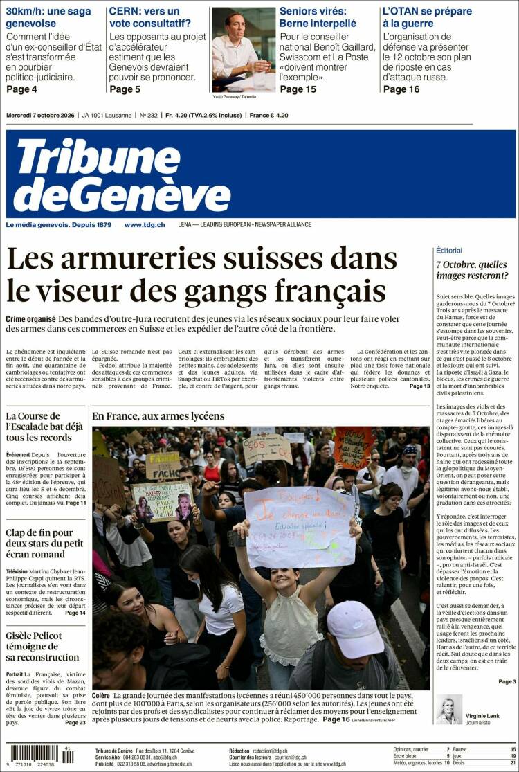 Portada de La Tribune de Genève (Switzerland)