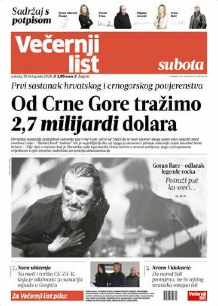 Portada de Večernji (Croacia)