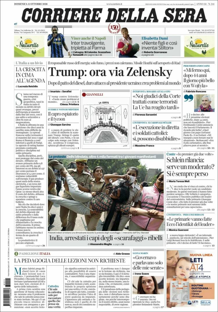 Portada de Corriere della Sera (Italia)