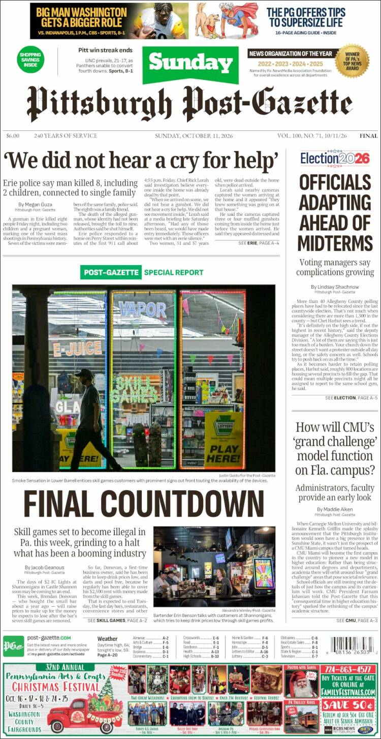 Portada de Pittsburgh Post-Gazette (USA)