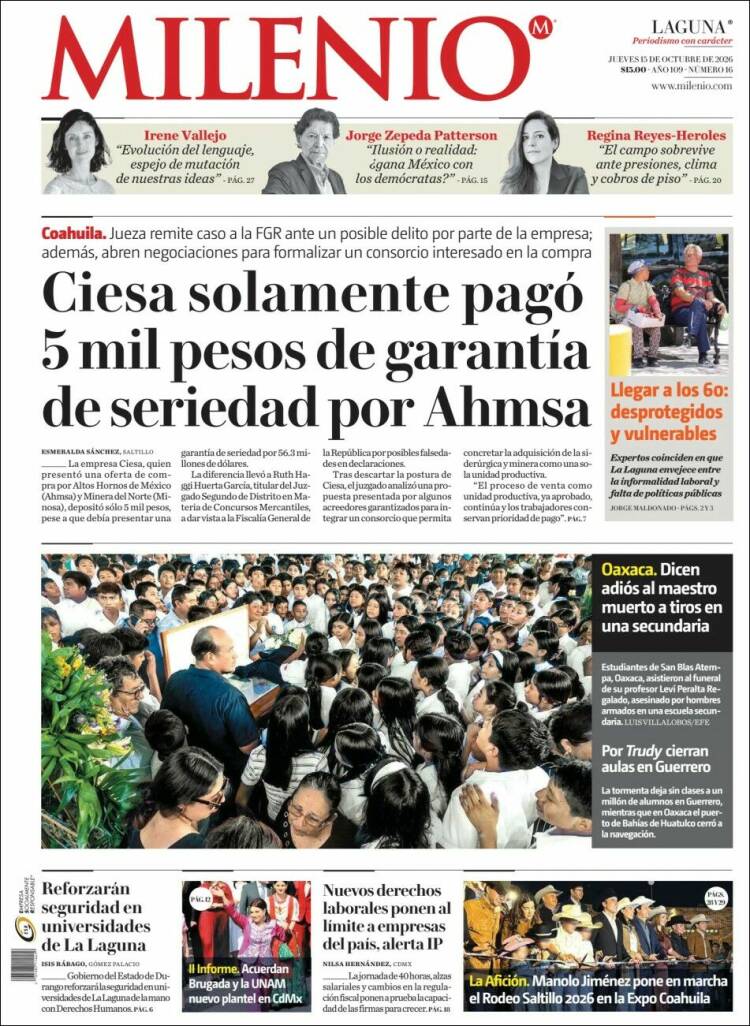 Portada de Milenio - Laguna (México)