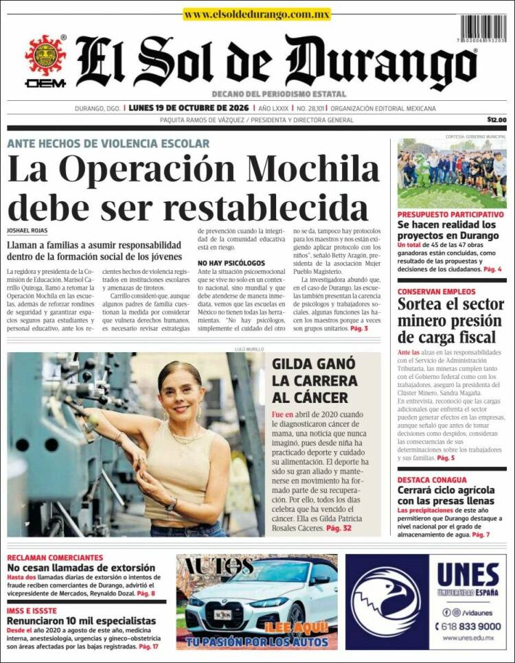 Portada de El Sol de Durango (México)