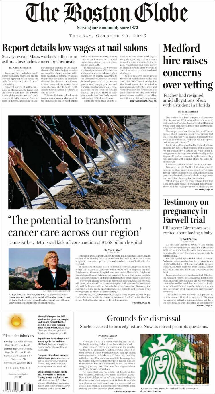 Portada de Boston Globe (USA)