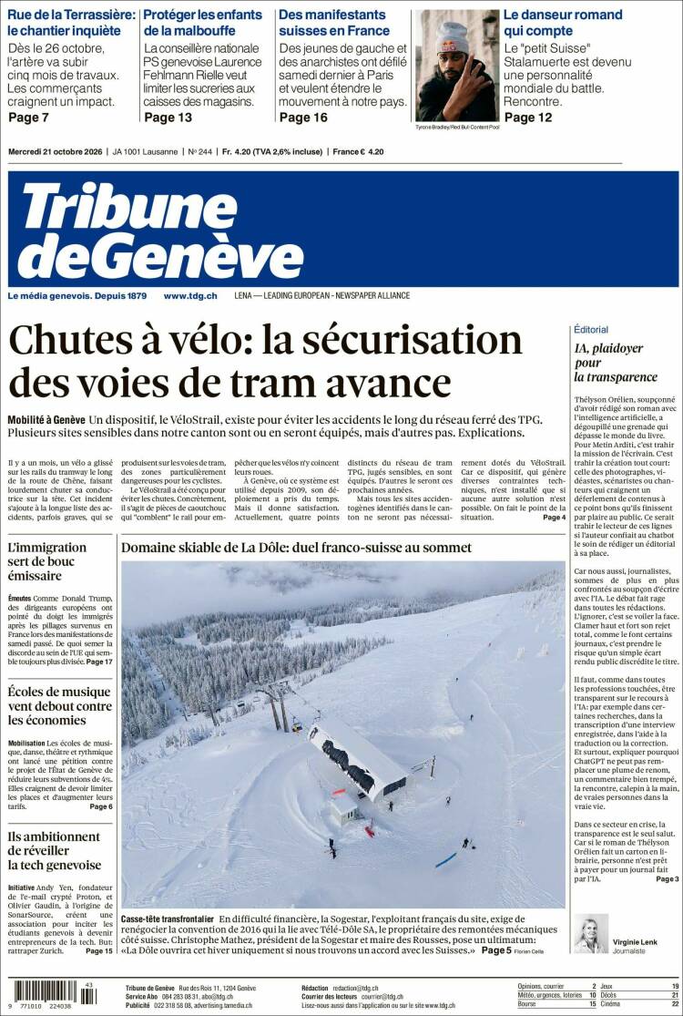 Portada de La Tribune de Genève (Switzerland)
