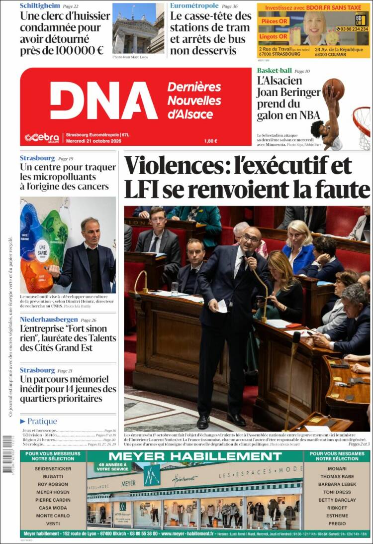 Portada de Les Dernières Nouvelles d'Alsace (France)