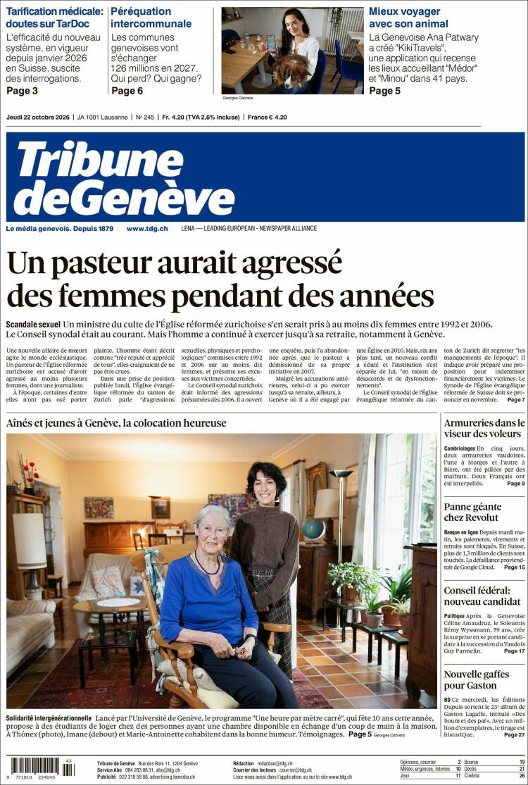 Portada de La Tribune de Genève (Switzerland)