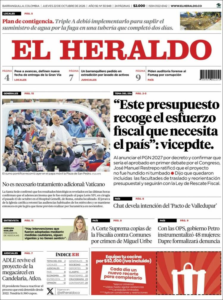 Portada de El Heraldo (Colombia)