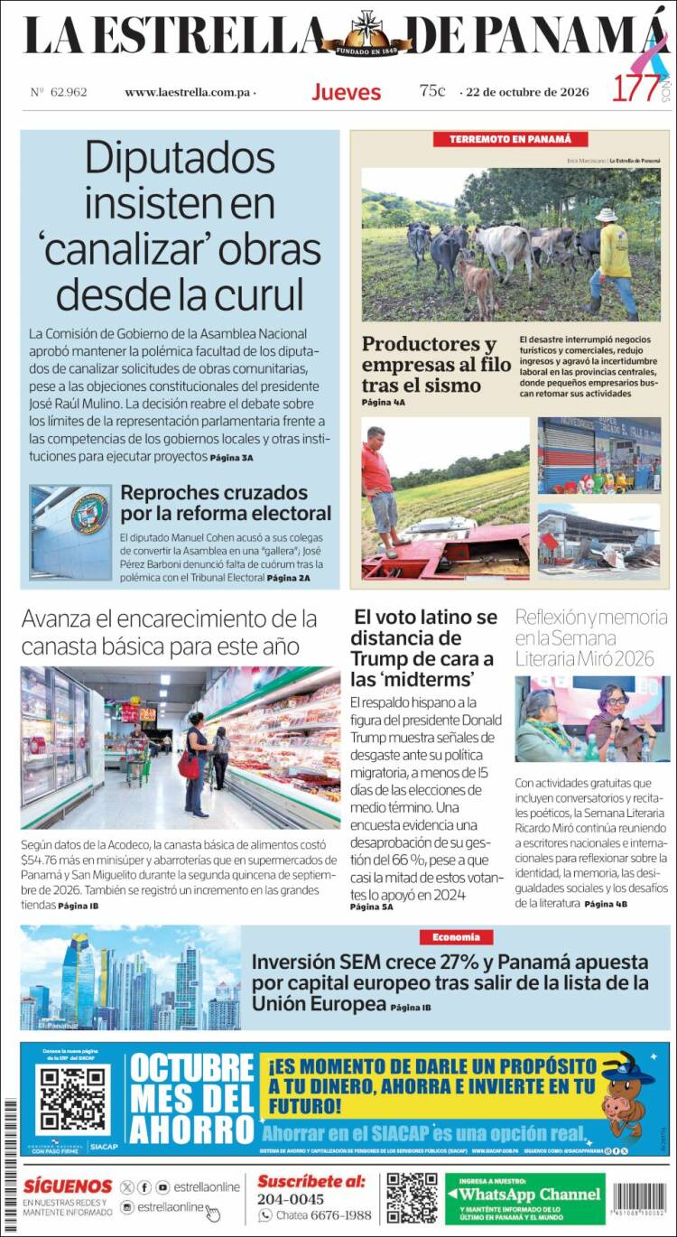 Portada de La Estrella de Panamá (Panama)