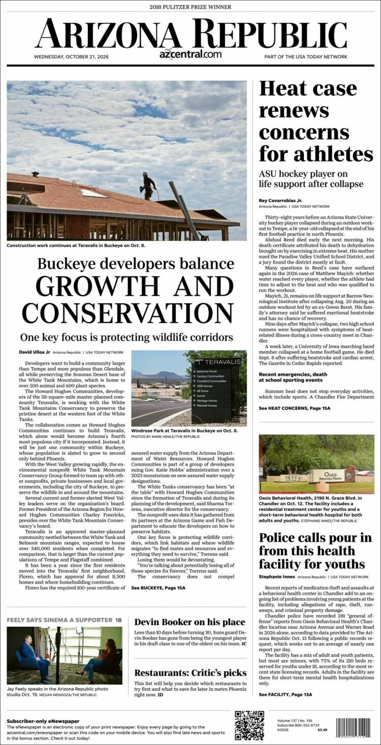 Portada de Arizona Republic News (USA)