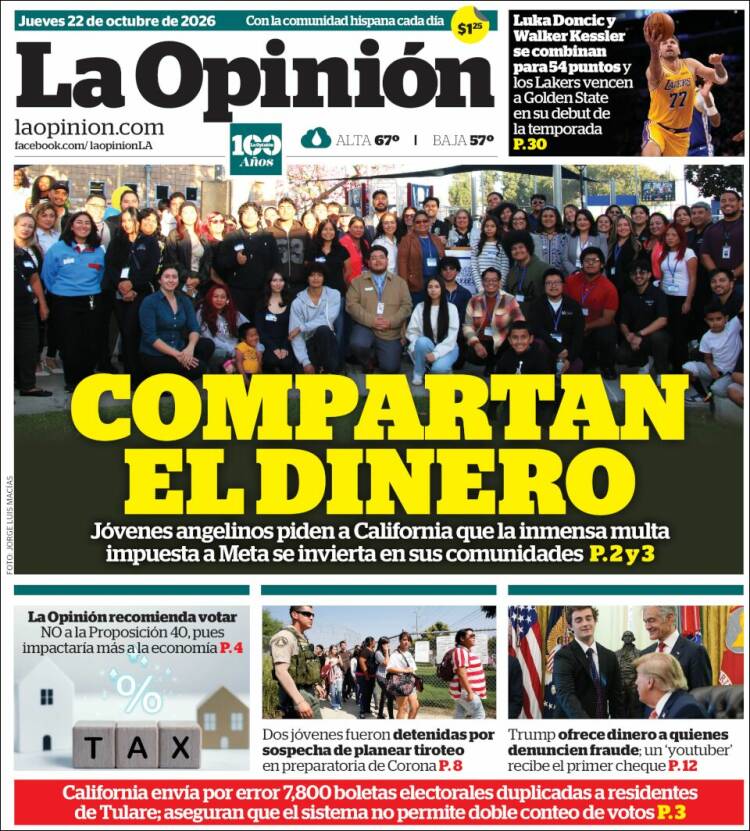 Portada de La Opinión (USA)