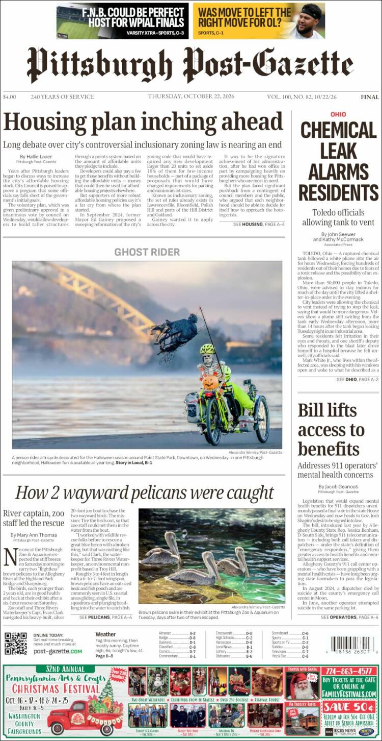 Portada de Pittsburgh Post-Gazette (USA)