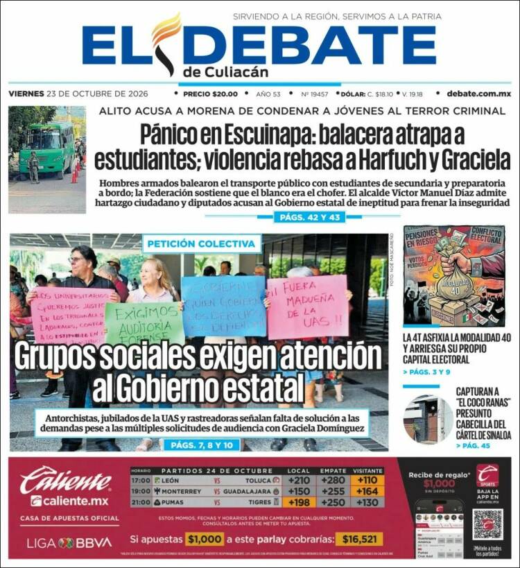 Portada de El Debate de Culiacán (México)