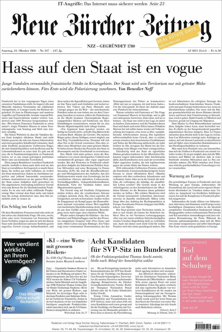 Portada de Neue Zürcher Zeitung (Switzerland)