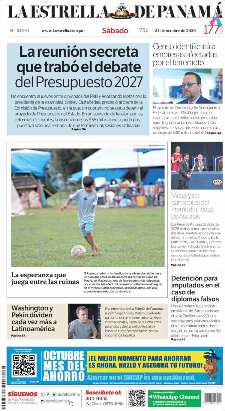 Portada de La Estrella de Panamá (Panama)