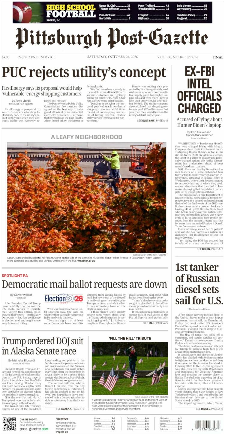 Portada de Pittsburgh Post-Gazette (USA)