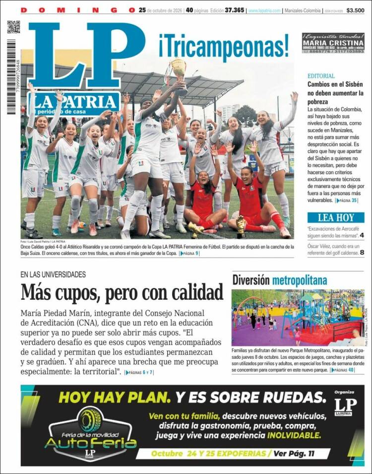 Portada de La Patria (Colombia)