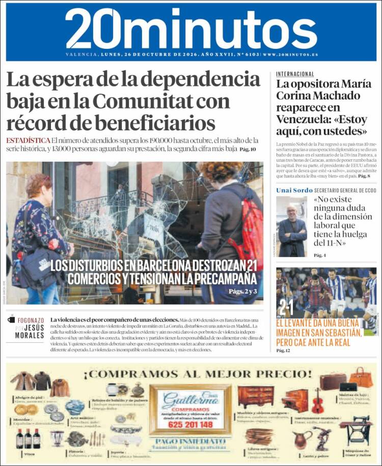 Portada de 20 Minutos - Valencia (Spain)