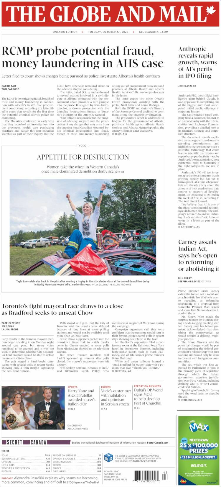 Portada de The Globe and Mail (Canada)