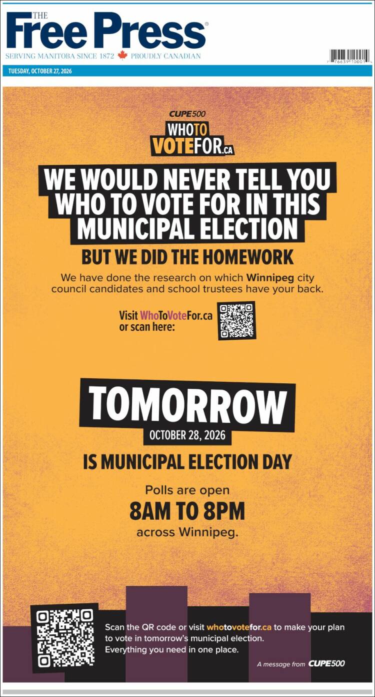 Portada de Winnipeg Free Press (Canada)