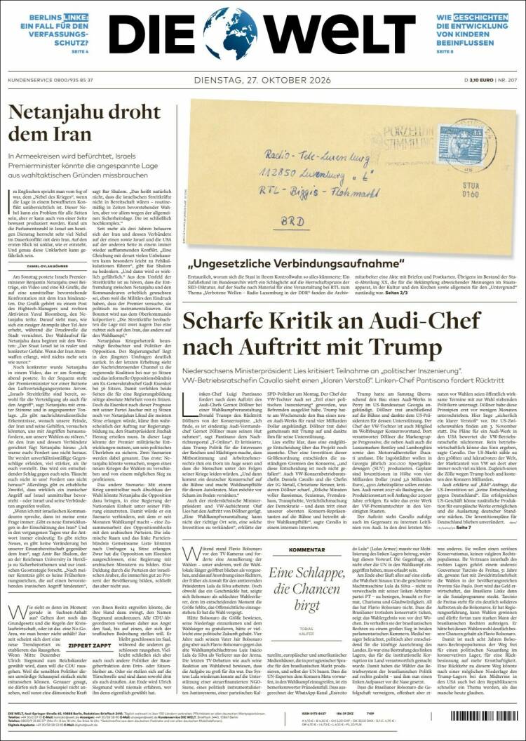 Portada de Die Welt (Germany)