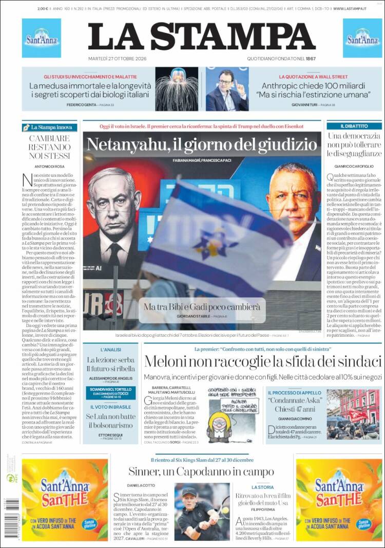 Portada de La Stampa (Italy)