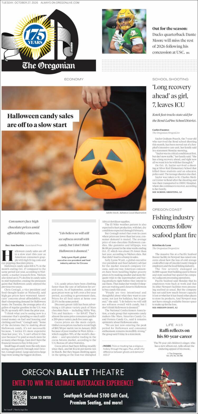 Portada de The Oregonian (USA)