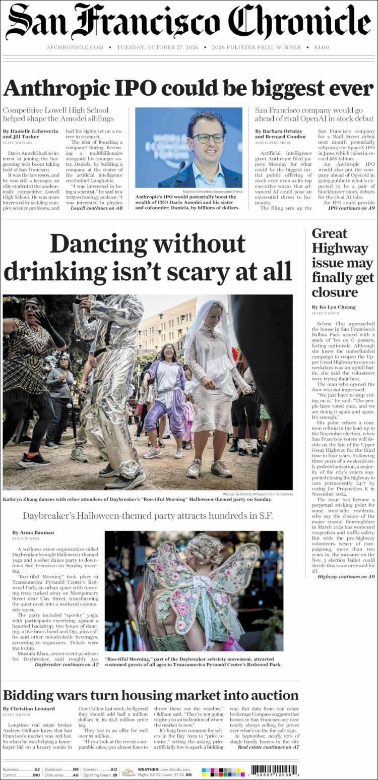Portada de San Francisco Chronicle (USA)