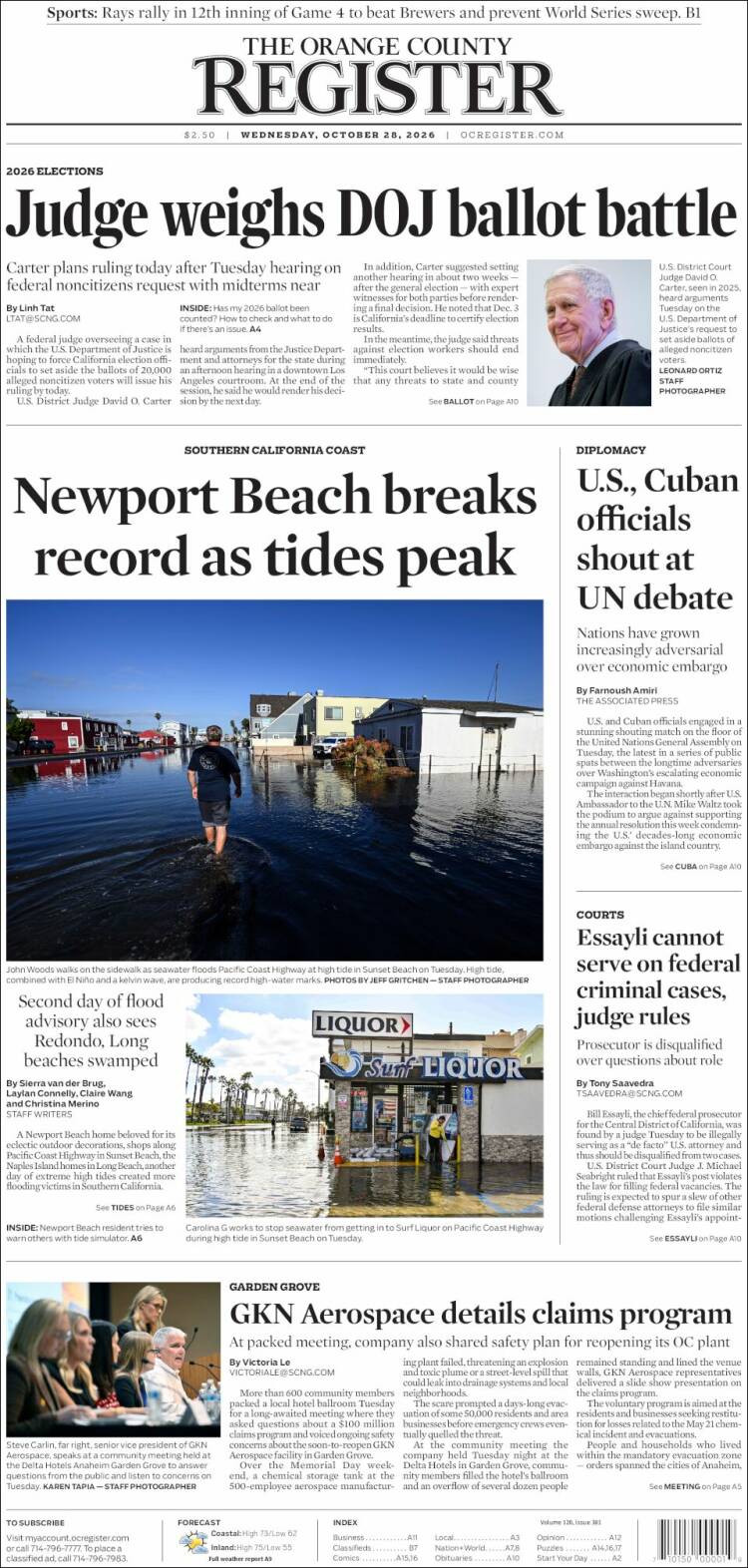 Portada de The Orange County Register (USA)