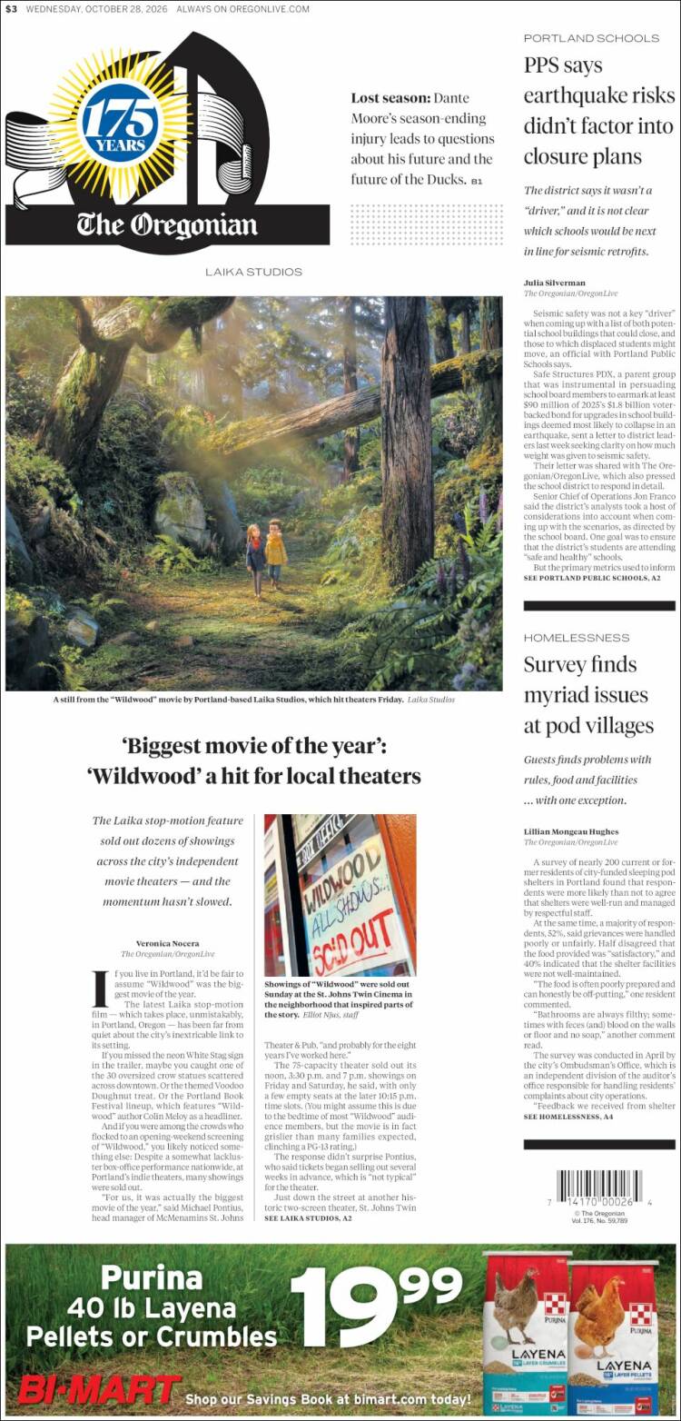 Portada de The Oregonian (USA)
