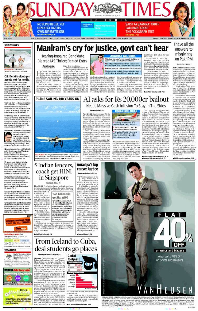 Portada de The Times of India (India)
