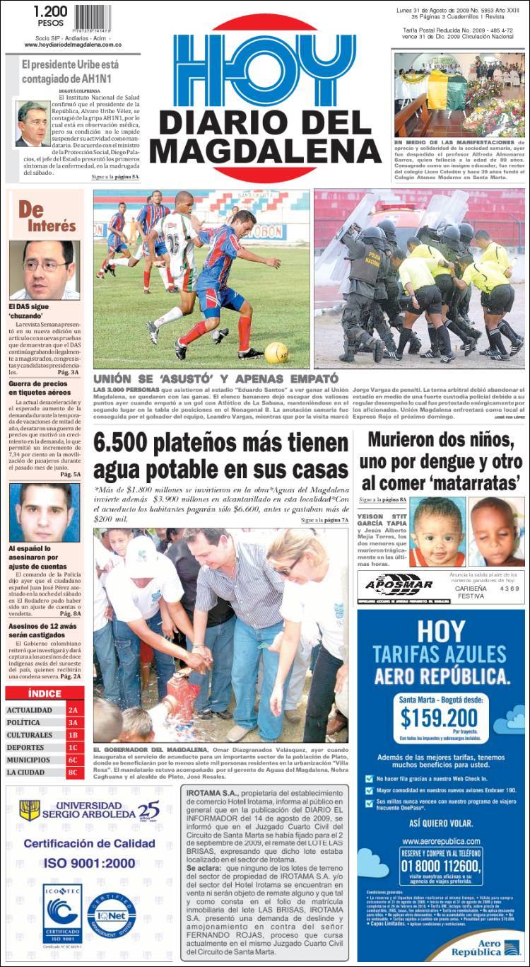 Portada de Hoy Diario del Magdalena (Colombie)