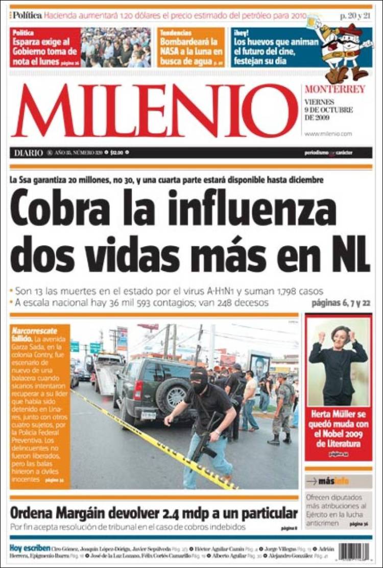 Portada de Milenio de Monterrey (México)