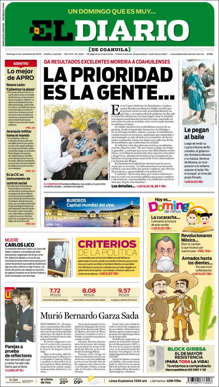 Portada de El Diario de Coahuila (Mexique)