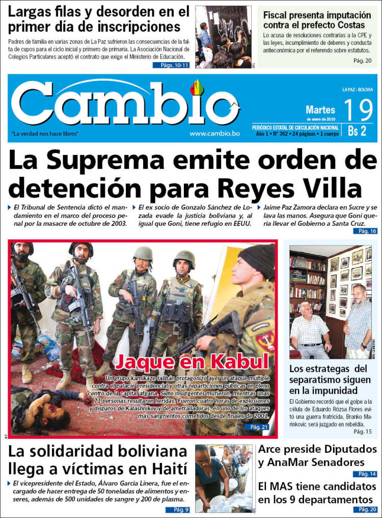 Newspaper Cambio (Bolivia). Newspapers in Bolivia. Tuesday's edition,  January 19 of 2010. Kiosko.net