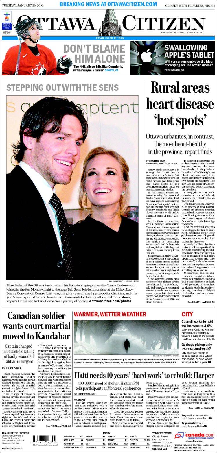 Newspaper Ottawa Citizen (Canada). Newspapers in Canada. Tuesday's edition,  January 26 of 2010. Kiosko.net