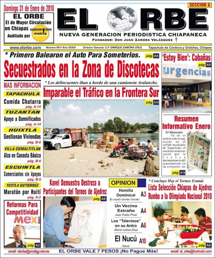 Periódico El Orbe (México). Periódicos de México. Edición de domingo, 31 de  enero de 2010. 