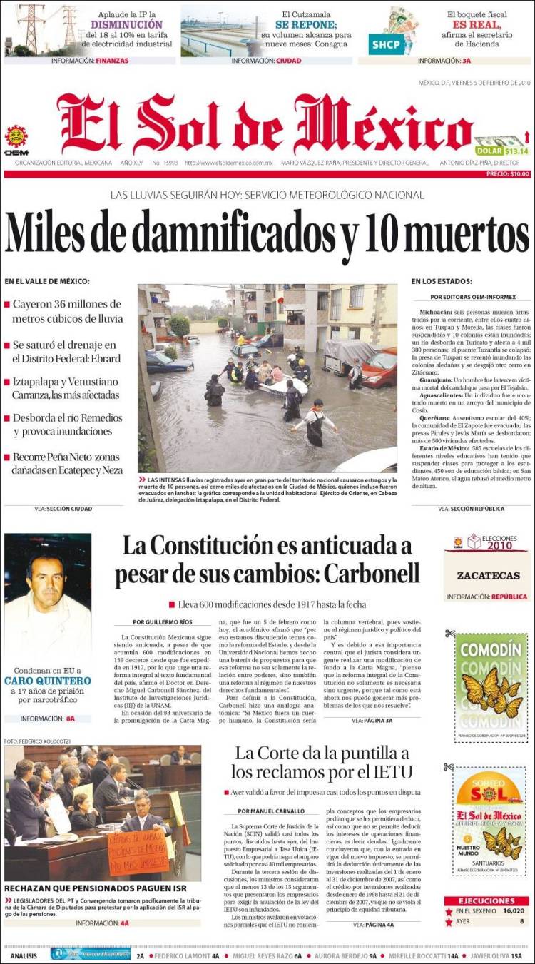 Periódico El Sol de México (México). Periódicos de México. Edición de  viernes, 5 de febrero de 2010. 