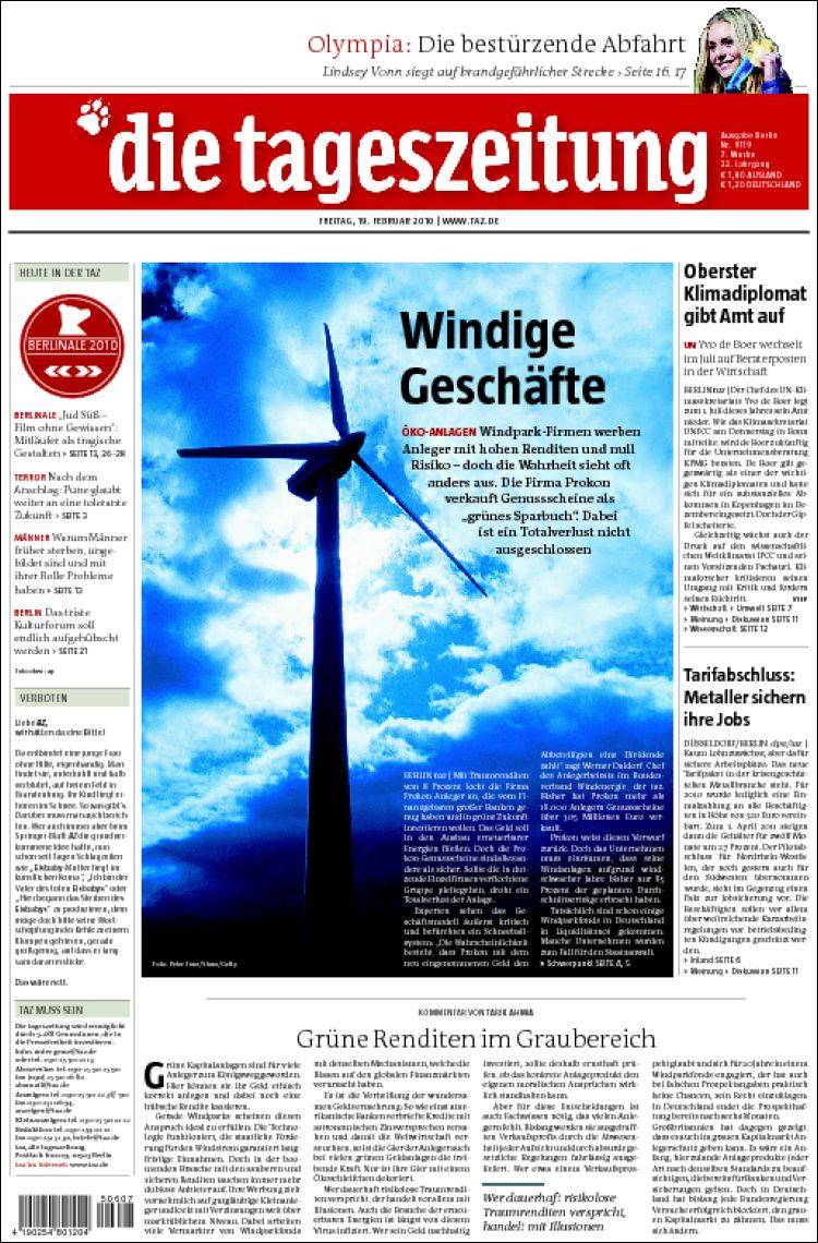 Portada de Die Tageszeitung (Allemagne)