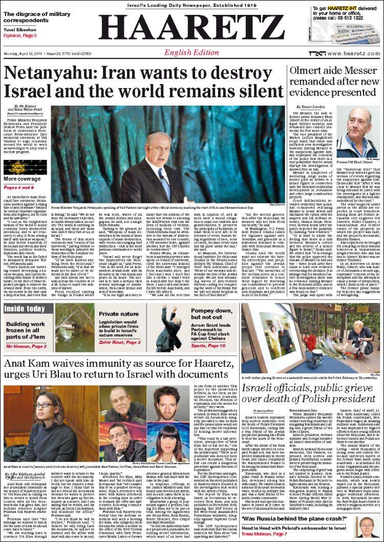 Portada de Haaretz (Israël)
