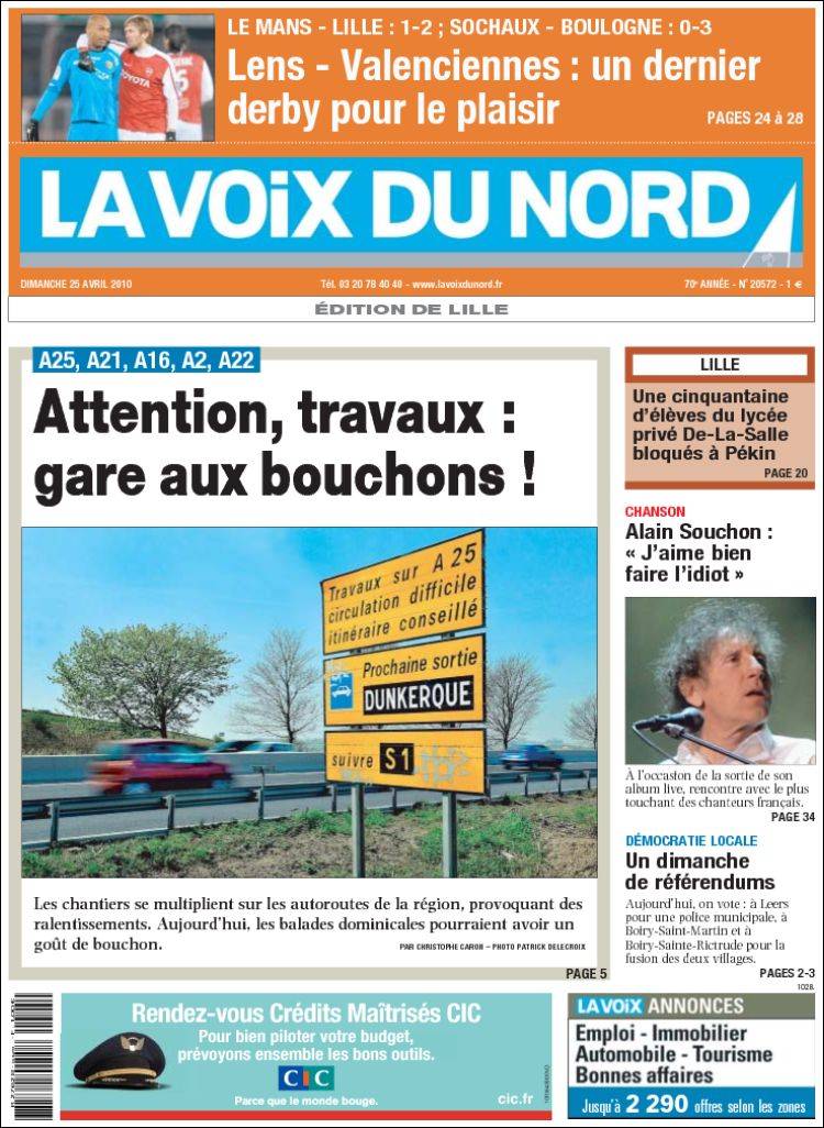 Journal La Voix du Nord (France). Les Unes des journaux de France