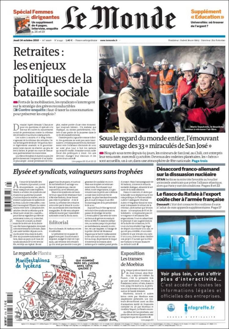 Periódico Le Monde (Francia). Periódicos de Francia. Edición de jueves, 14  de octubre de 2010. 