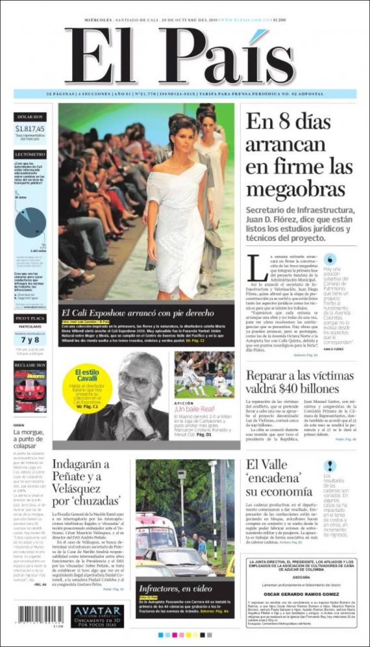 Newspaper El País - Cali (Colombia). Newspapers in Colombia. Wednesday