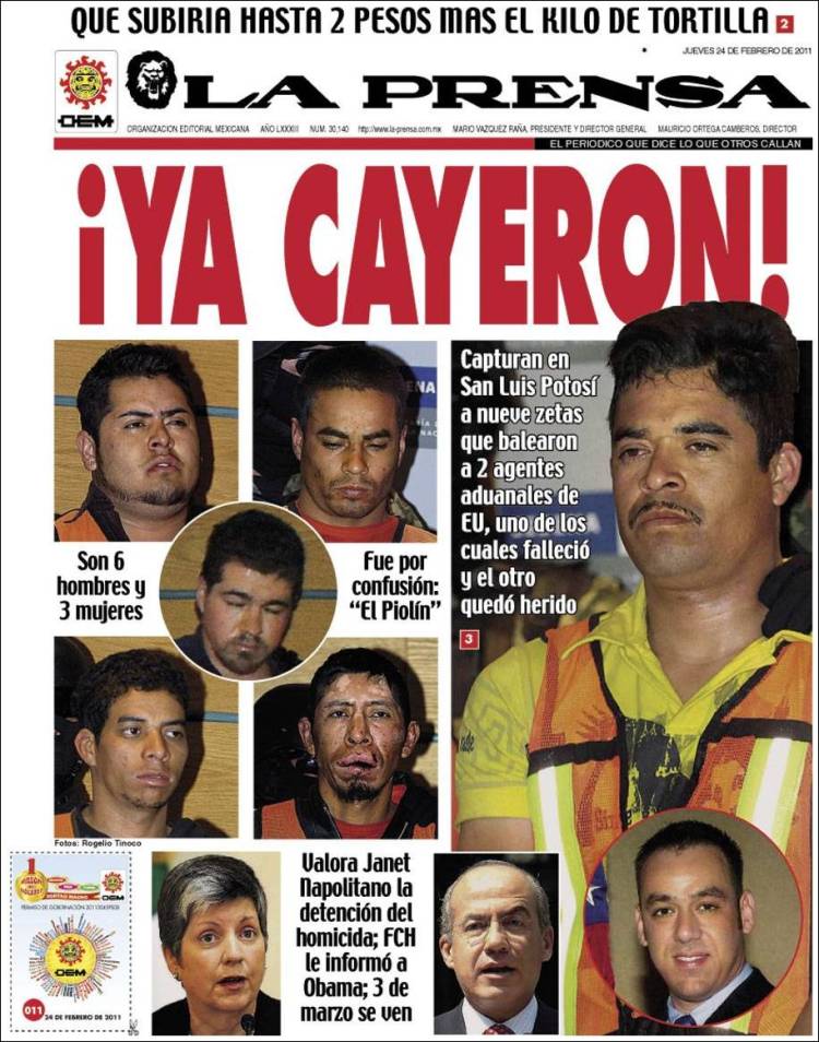Periódico La Prensa (México). Periódicos de México. Edición de jueves, 24  de febrero de 2011. 