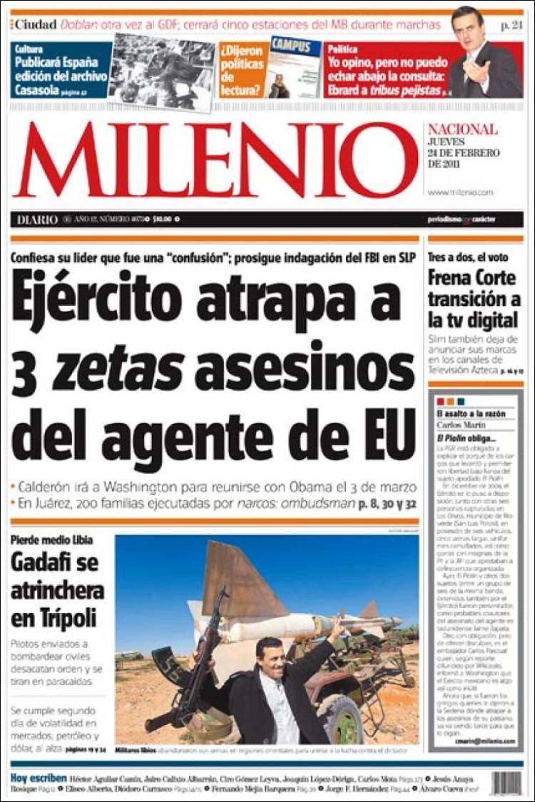 Periódico Milenio (México). Periódicos de México. Edición de jueves, 24 de  febrero de 2011. 